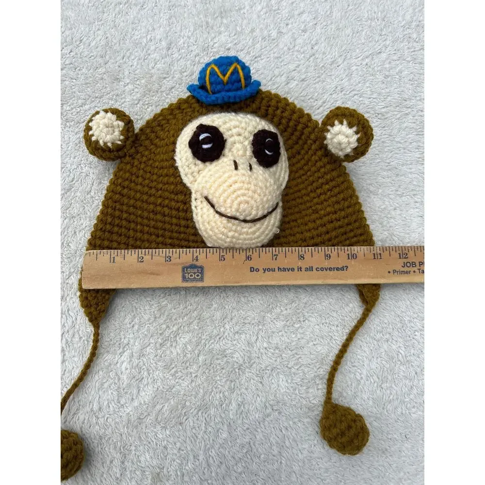 Handmade Monkey Hat Knit Bear Beanie Hat Brown Alpaca Fleece Lined 3D